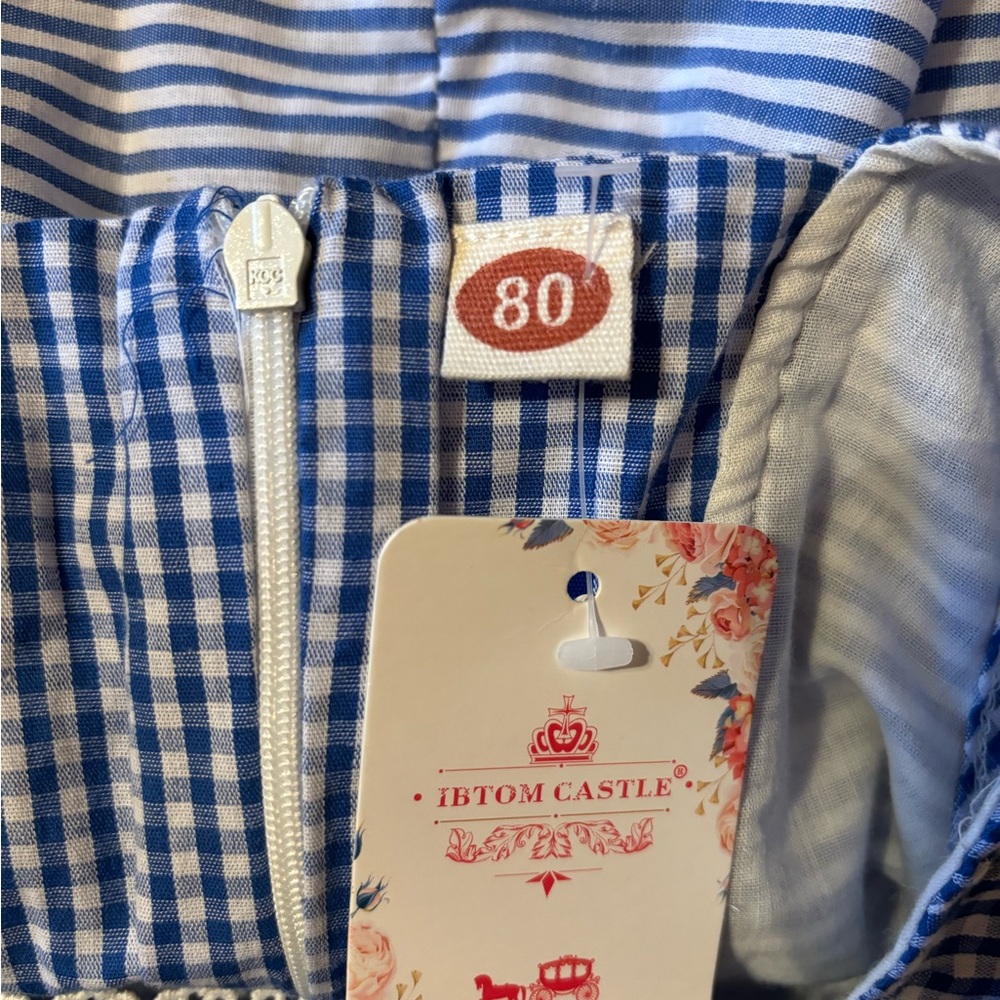 NWT Ibtom 80 Cotton Blue Stripe Eyelet Pinafore Lined Sleeveless Dress- Sz 9-18M - Picture 4 of 7